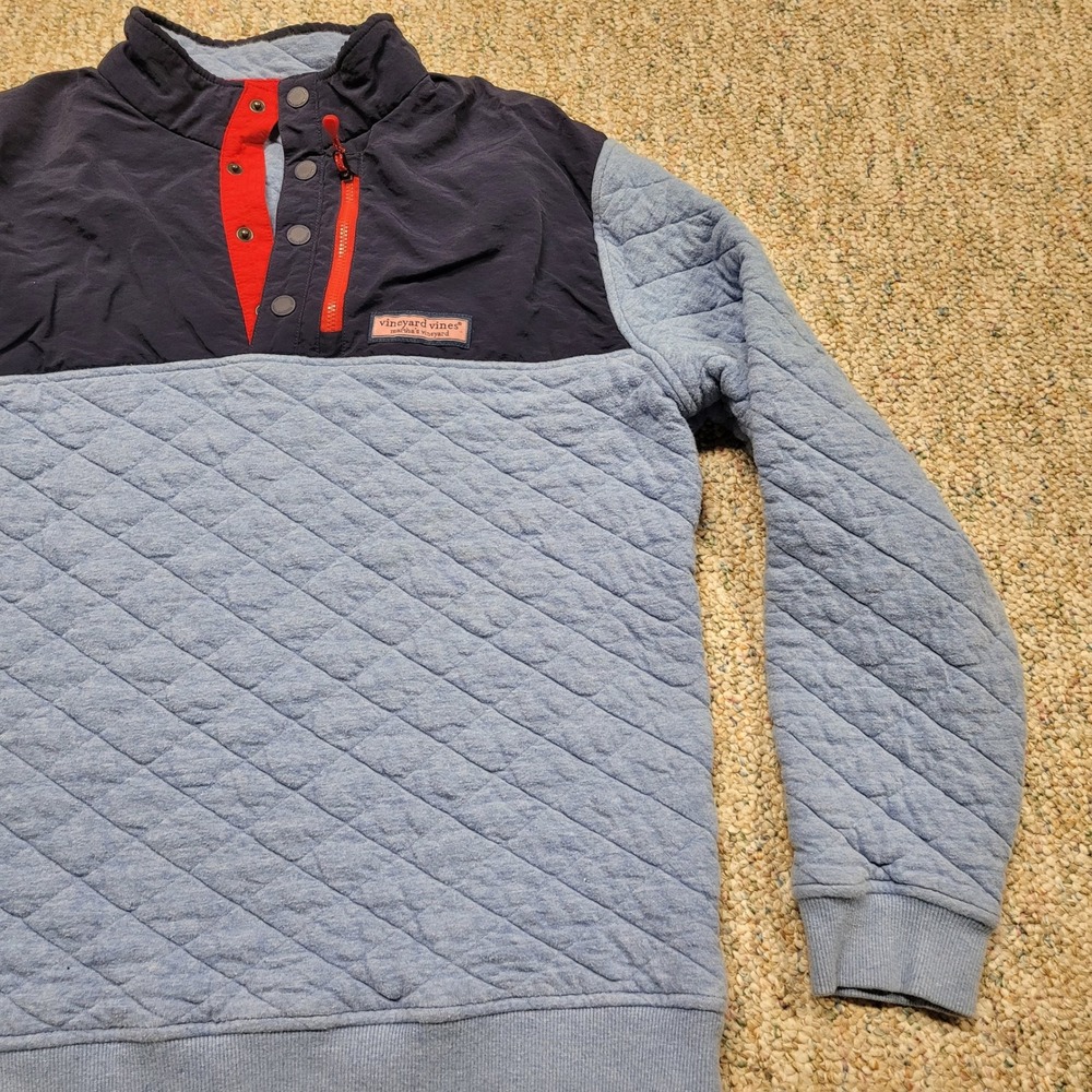 Vineyard Vines Sweater Mens Medium Blue Navy Red Snap Mock Neck Quilted Pullover - Picture 5 of 16